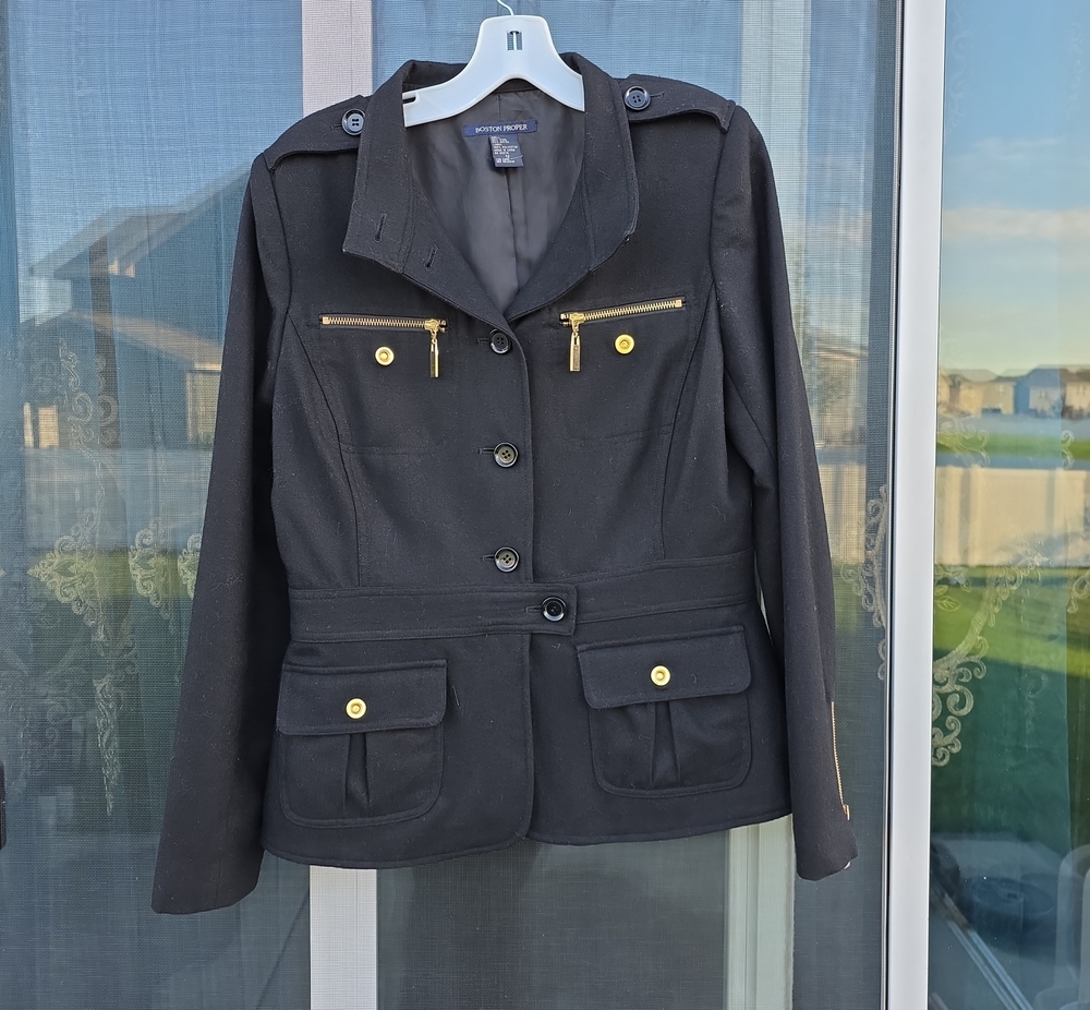Boston Proper Black Military-Style Blazer with Gold Hardware